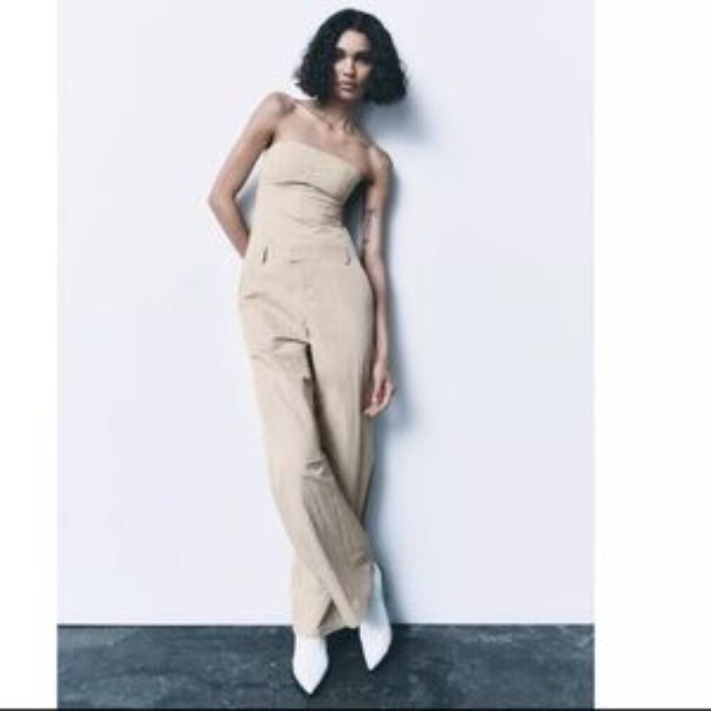 Zara Khaki Cargo Strapless Jumpsuit - Picture 2 of 9